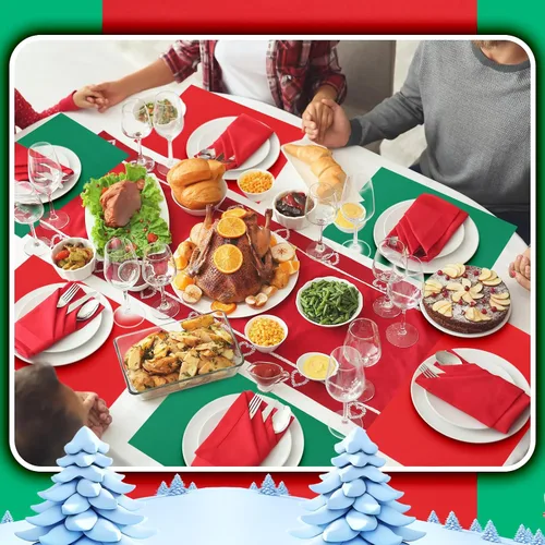 Miniatura 6 de Yeaqee 100 manteles individuales desechables de papel, manteles individuales rectangulares de Navidad verde y rojo para fiestas, 11 x 17 pulgadas