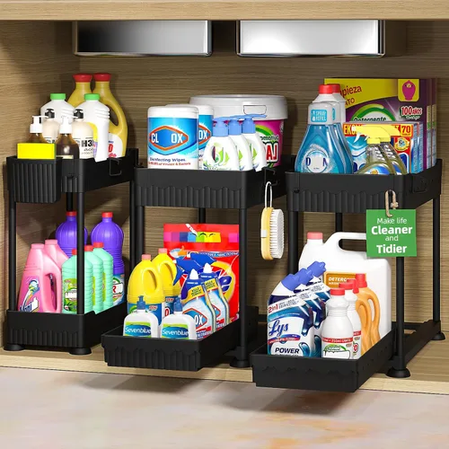 Miniatura 9 de Sevenblue Paquete de 3 organizadores para debajo del fregadero, organizadores multiusos de cocina y baño de 2 niveles y almacenamiento con cajones