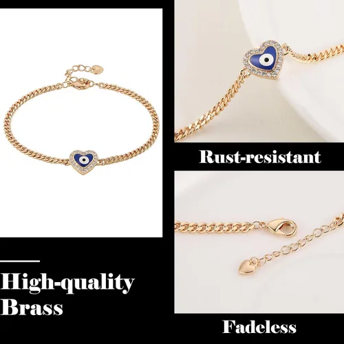 Miniatura 4 de HZMAN Pulsera de ojo turco chapada en oro rosa de 14 quilates para mujeres y niñas, pulsera de protección de la suerte, pulsera ajustable