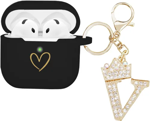 Miniatura 19 de Compatible con AirPods 4 Cover 2024, funda de silicona suave con patrón de corazón dorado para 4ª generación, llavero de letra A-Z con diamantes