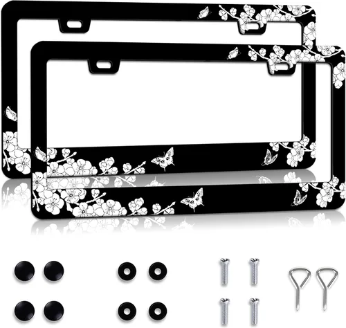 Miniatura 9 de Marco de matrícula personalizado, marco de placa de matrícula de flores hippie, 2 piezas, cubierta de placa de acero inoxidable para hombres
