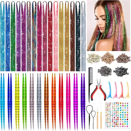 ROADPLUM Kit de oropel para el cabello, 16 colores, 3200 hebras de oropel y 12 colores de plumas de cabello, resistente al calor, brillante,