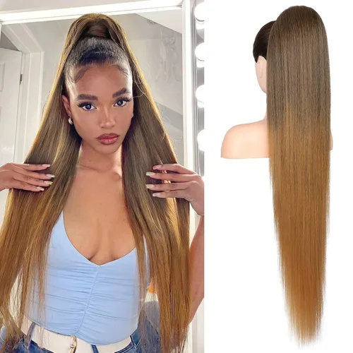 Miniatura 17 de Flufymooz - Extensión de cola de caballo de 26 pulgadas, extensiones de cabello con cordón y clip rectas, cola de caballo falsa natural suave