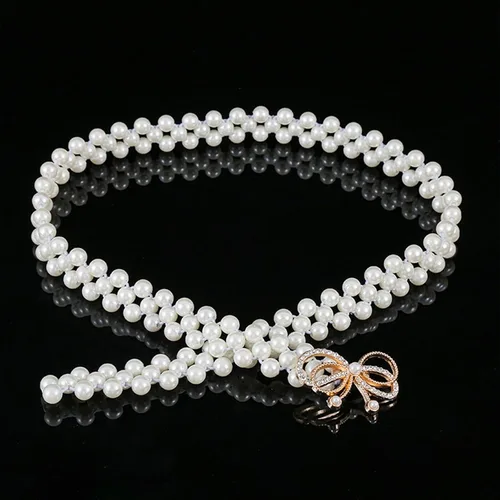 Miniatura 2 de Cinturón de cadena de cintura elástica con perlas de diamantes, Blanco