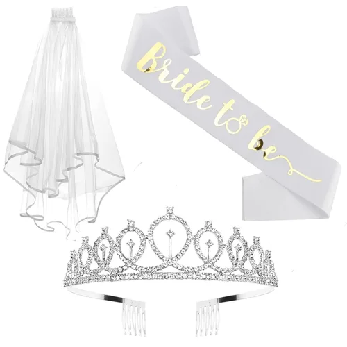 Miniatura 12 de CIEHER Corona de oro rosa + banda de novia + velo de boda para despedida de soltera, decoraciones de despedida de soltera, banda de despedida