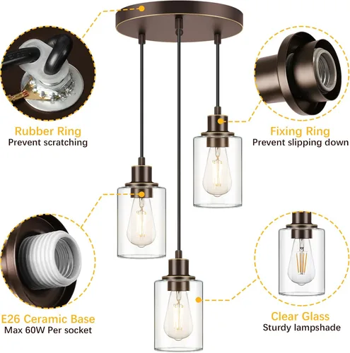 Miniatura 8 de MAXvolador Lámpara colgante industrial de 3 luces, lámpara de techo colgante ajustable con pantalla de vidrio transparente, iluminación colgante