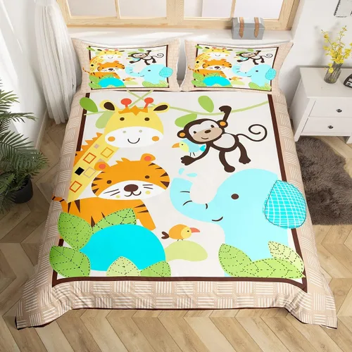 Miniatura 7 de Funda de edredón de animales del zoológico de dibujos animados para niños pequeños, lindo león, mono, elefante, juego de ropa de cama