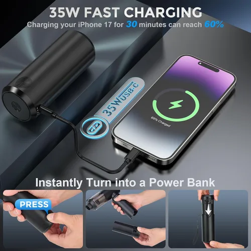 Miniatura 4 de Aspiradora de mano inalámbrica con banco de energía de 6000 mAh y luz LED, aspiradora 3 en 1 para automóvil, soplador de aire y cargador