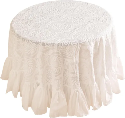 patdrea Mantel vintage con volantes para mesas redondas, mantel de algodón bordado de granja de encaje blanco para decoración de comedor, boda,