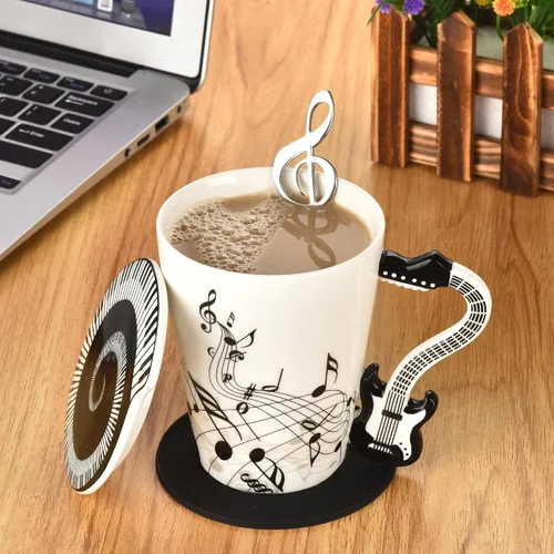 Miniatura 4 de Taza de café de guitarra de 12.9 oz con diseño de notas musicales con tapa temática de música y cuchara y posavasos, regalos para guitarristas
