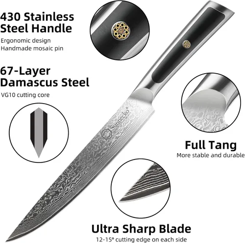 Miniatura 3 de Sunnecko Cuchillo de Cocina de Damasco de 8 Pulgadas Cuchillo de Trinchar para Cortar Carne Cuchillo Japonés de Acero VG10, Espiga Completa