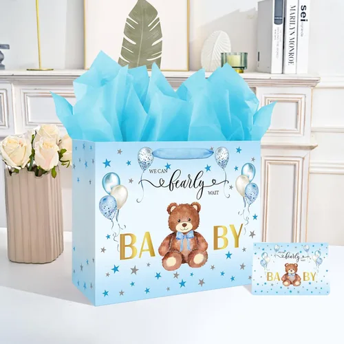 Miniatura 5 de Laidans Bolsa grande de regalo de cumpleaños para baby shower de 13 pulgadas para niño con papel de seda y tarjeta, globos azules, diseño de oso