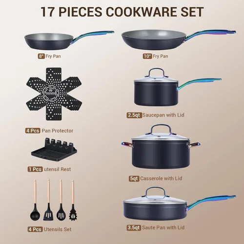Miniatura 2 de Ammeloo Juego de 17 utensilios de cocina de cerámica, juego de ollas y sartenes de inducción antiadherentes, mango de color premium que se mantiene