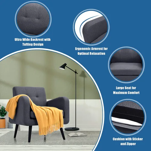 Miniatura 5 de Giantex Silla decorativa tapizada, moderna de tela de lino de mediados de siglo con brazos, carga máxima de 265 libras, cómodo sofá individual Azul