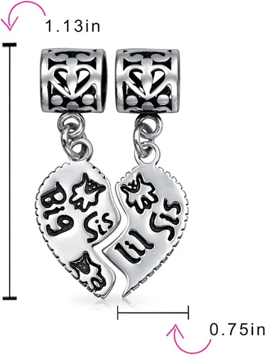 Miniatura 6 de Pulsera europea personalizada BFF SIS Little SIS de 2 piezas con dije de cuentas de corazón dividido para adolescentes, de plata de ley, Metal