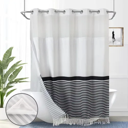 Miniatura 8 de Cortina de ducha de tela pesada sin gancho con forro de imanes a presión, cortina de baño gruesa con borla transparente en la parte superior