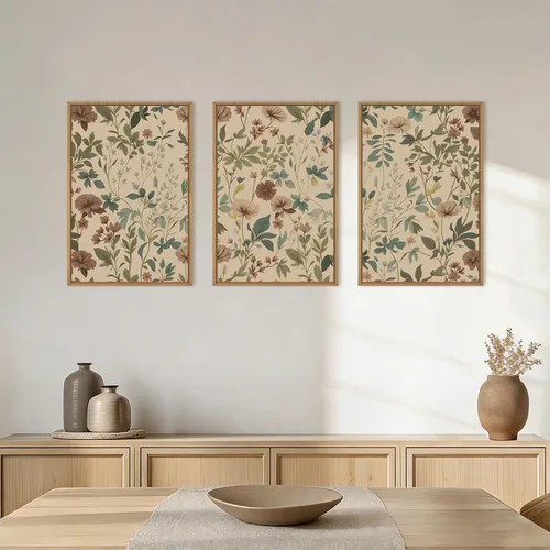 Miniatura 2 de Aryroi Juego de arte de pared en lienzo abstracto grande con marco floral, estilo bohemio, retro, neutro, flores silvestres, arte botánico de flores