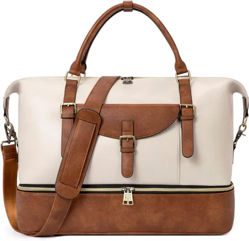 CLUCI Bolsa de fin de semana para mujer, de cuero, grande, con compartimento para zapatos, Beige con marrón.