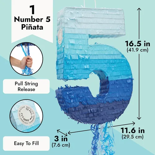 Miniatura 3 de BLUE PANDA Piñata de cuerda número 5 – Azul degradado, 16.5 x 11.6 pulgadas – Piñata para niños de 5 años, decoraciones de 5º cumpleaños para niños