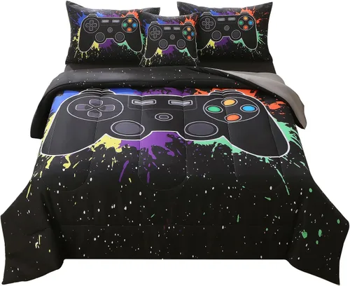 JQinHome - Juego de edredón Gamer individual para niños y niñas, juego de cama en una bolsa de 6 piezas con diseño de videojuego 3D - Juego de ropa