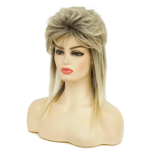 Miniatura 2 de Swiking Pelucas negras de salmonete para mujer, rizado hasta el hombro, pelo esponjoso de los años 70 y 80, Rocker Party Cosplay Pelucas sintéticas