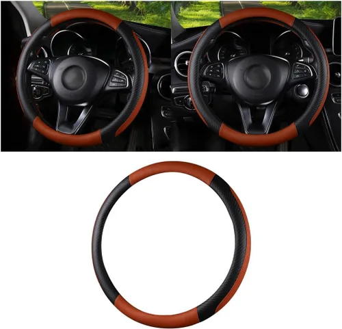 Miniatura 8 de HZEL Funda para volante de automóvil, protector de volante de vehículo de cuero de fibra de carbono, antideslizante, transpirable, accesorios