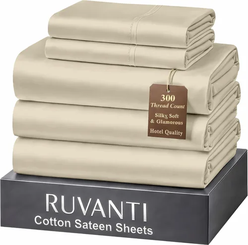 Miniatura 59 de RUVANTI Juego de sábanas de 100 % algodón tamaño matrimonial, tejido de satén suave y sedoso de 300 hilos, refrescante, ligero y transpirable, Beige