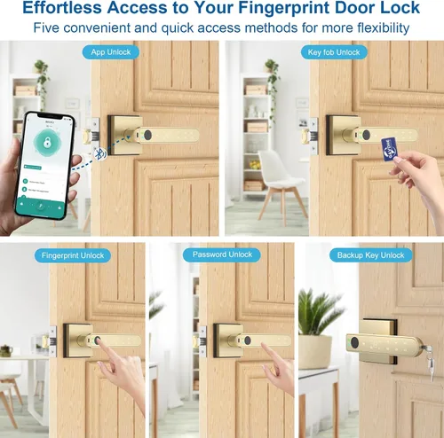 Miniatura 3 de Cerradura de puerta con huella digital dorada, perilla inteligente con impresión de dedos, cerradura de puerta de dormitorio sin llave con control