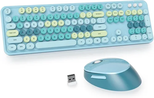 Miniatura 13 de Teclado y mouse azules, bonito combo de teclado y mouse inalámbricos, teclado de máquina de escribir de tamaño completo con teclado numérico, azul