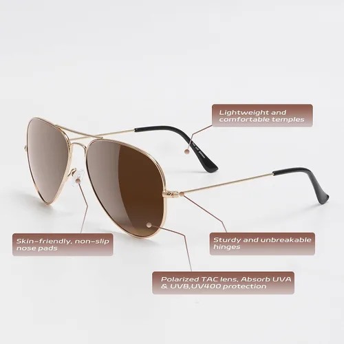Miniatura 3 de Yaserra Lentes de sol de aviador polarizados retro para hombres y mujeres, lente TAC espejada, marco de metal, doble puente con protección UV400