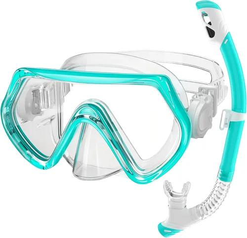 Miniatura 16 de 2 juegos de equipo de esnórquel para niños de 3 a 14 años, antivaho 180° Clear View Dry Top Snorkel Set, máscara de natación con cubierta nasal