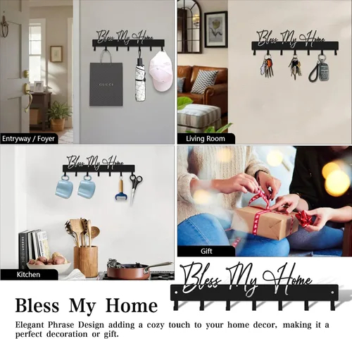Miniatura 7 de Exquisito soporte de pared con frase de moda, ganchos para llaves Bless My Home para decoración de pared, colgador de llaves de metal negro con 7