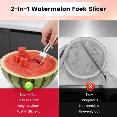 Miniatura 6 de Cortador de frutas de acero inoxidable 2 en 1, herramienta de corte de tenedor de sandía 2026, cuchillo cortador de sandía de doble cabezal