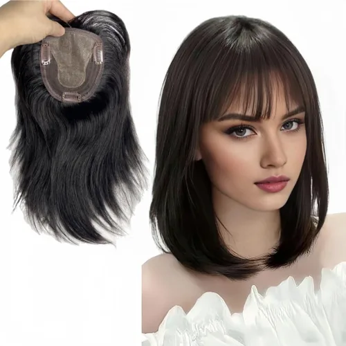 Miniatura 16 de Peluca de cabello humano para mujer con flequillo, peluca con clip para cabello fino + base de cuero cabelludo de poliuretano de alta densidad
