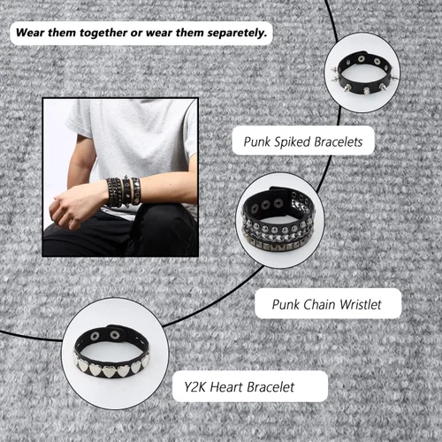Miniatura 2 de Eigso 3 pulseras punk de cuero para hombres y mujeres de Rock Rivet Wrap Retro Spike pulsera ajustable