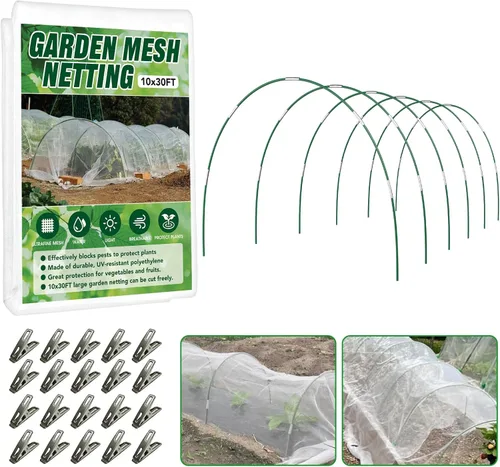 Kit de red de jardín para camas elevadas, red de malla ultra fina de 10 x 30 pies y 6 juegos de aros de jardín de fibra de vidrio, red de insectos