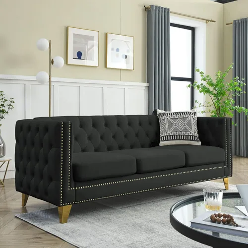 Miniatura 18 de Sofá moderno Chesterfield de terciopelo de 58 pulgadas, respaldos tapizados con brazos de cabeza de clavo, sofá biplaza para sala de estar