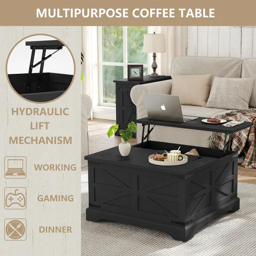 Miniatura 8 de Furnideco - Mesa de centro de granja con superficie elevable, mesa central cuadrada de madera con gran compartimento de almacenamiento oculto
