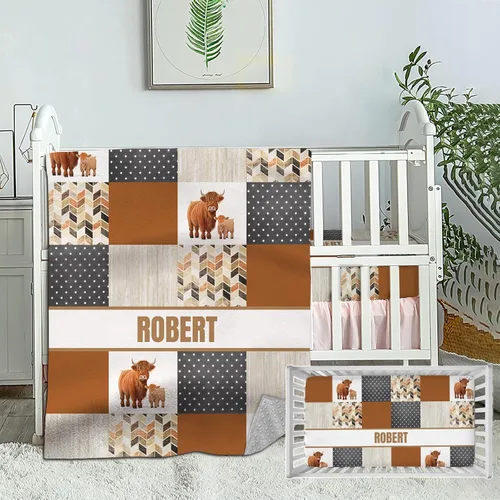 Miniatura 14 de Juego de cama personalizado para bebé, edredón para cuna con nombre personalizado y sábana bajera para niños y niñas, color verde vaca de tierra