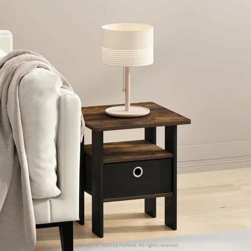 Miniatura 10 de Furinno Mesa auxiliar moderna, mesa auxiliar cuadrada con compartimento de almacenamiento, mesita de noche de esquina redonda, mesita de noche