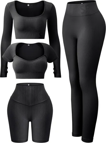 FINETOO Conjunto de 4 piezas de entrenamiento para mujer, acanalado, sin costuras, manga larga, camiseta deportiva, sin mangas, cintura alta,