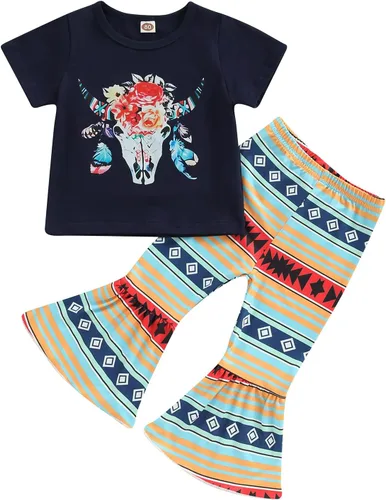 fhutpw Conjunto de camiseta de manga corta con estampado de vaca y pantalones acampanados de dibujos animados para niñas