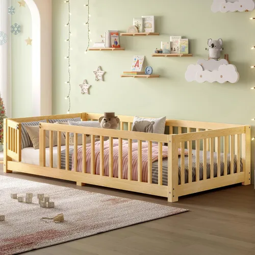 Miniatura 3 de SOFTSEA Montessori - Cama con puerta y barandillas, marco de cama baja de madera maciza con valla, no necesita somier, natural