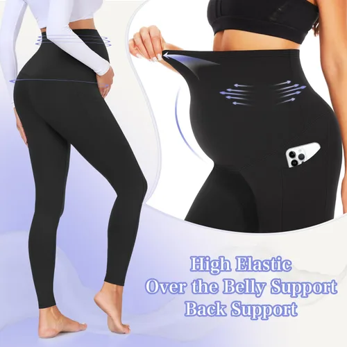 Miniatura 5 de GROTEEN Paquete de 3 leggings de maternidad para mujer, sobre el vientre, con bolsillos, súper suaves, para entrenamiento, embarazo, yoga