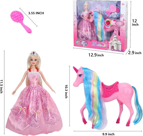 Miniatura 6 de BETTINA Juego de muñecas de princesa unicornio, juguetes de unicornio con luz mágica para niñas, juguetes de caballo con crin y cola, juguete