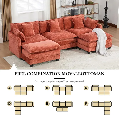 Miniatura 9 de Sofá seccional modular naranja de 111.5 pulgadas, 3 plazas, sofás seccionales grandes para sala de estar, sofá nube oversized de tela chenille