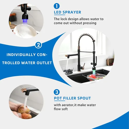 Miniatura 4 de Fapully - Grifo de fregadero de cocina comercial de una manija con rociador extraíble negro y oro rosa con luz LED