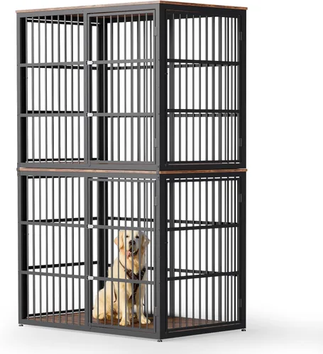 Miniatura 9 de Lyromix 94.48'' Mueble de jaula para perros de raza grande con soporte para TV de dos habitaciones, mesa auxiliar de jaula para perros de madera