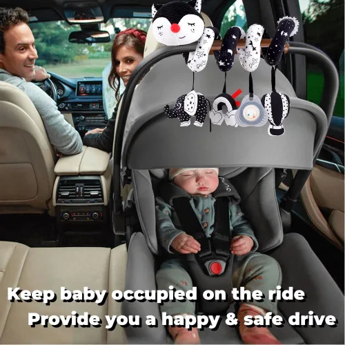 Miniatura 5 de Juguetes de asiento de automóvil para bebés de 0 a 6 meses, juguetes de bebé de alto contraste en blanco y negro colgantes para cuna y cochecito