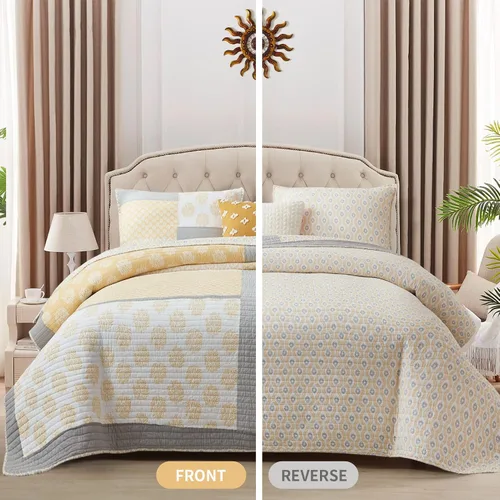 Miniatura 2 de Y-PLWOMEN Edredón tamaño individual, 100% algodón, edredón de tamaño individual, amarillo y gris, juego de ropa de cama reversible ligero de retazos